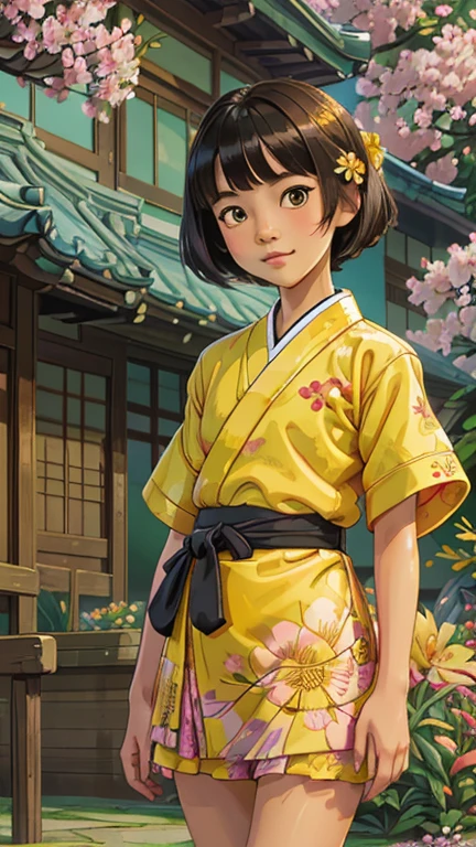 best quality,masterpiece,1girl,solo,(((9years old))),japanese girl,an extremely cute and beautiful girl,highly detailed beautiful face and eyes,petit,cute face,lovely face,baby face,shy smile,show teeth,black hair,medium short hair,flat chest,skinny,slender,(((wearing a yellow floral short mini hanbok))),(((standing in a korean garden))),she is looking at the viewer,