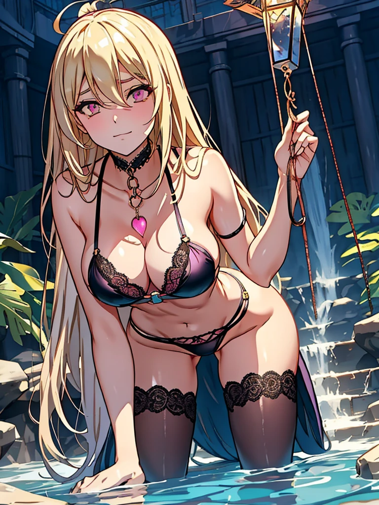 masutepiece, Detailed, Best Quality, Beautiful Girl, very small lace translucent bikini, Shackles, stock, Troubled face, big pool (prison), blonde sexy girl 1girl in, albedo from overlord character, blonde female, Blunt bangs, Big breasts, Amused expression, Looking at Viewer, big butt, mature body, very big boobs, dark pink eyes, small thong, erotic pose, big butt, full body picture, cameltoe, lace lingerie