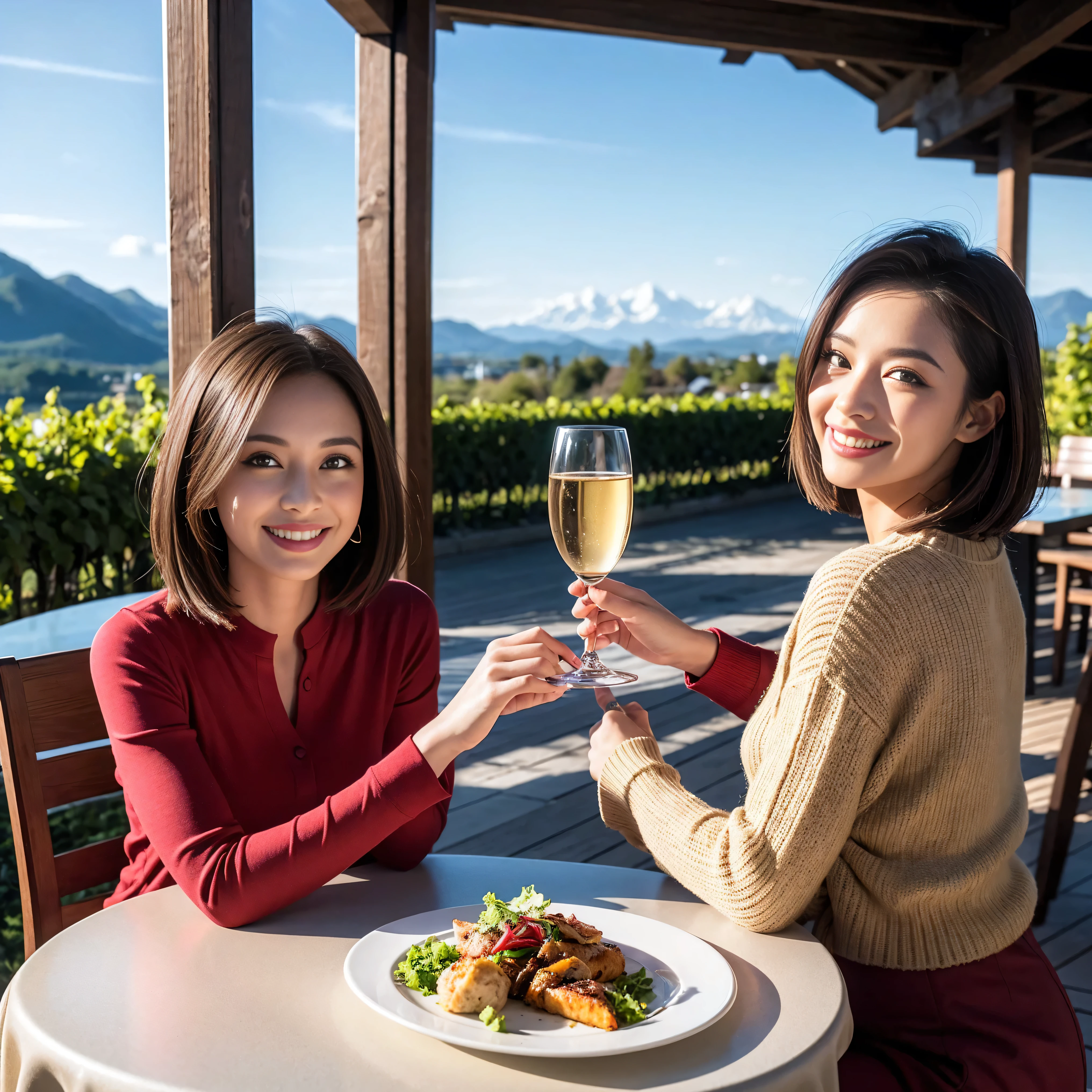 ((Highest quality、、masterpiece:1.3))、1 male 1 female、Pink Lover、、Beautiful couple、Japanese couple、smile、 (Slim face), (the body is スリム), (Brown Hair), (Shortcuts), ((Bob Hale、Straight hair:1.2)), テーブルの上のwine glass、Please shine a light on my face、 Amazing view of the sunset sky and clouds、Amazing mountain views、smileの美しさ、Bright im年、Blushing, Shortcuts,Bright Face、 Age 35, 39 years old, red wine 、Appetizers、Italian food、Wine bottle、Champagne、sparkling wine、Long sleeve shirt、dress、Attractive beauty、restaurant, Nova Frog Style, actress, model, Upper Body, White wine, red wine, wine glass,