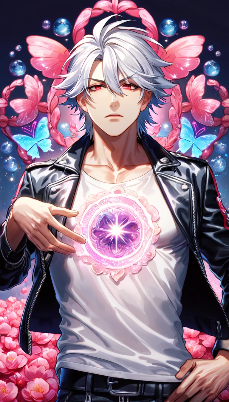 absurdres, highres, ultra detailed, HDR, master piece, best quality, Aohitsugi Samatoki, white hair, expressive red eyes, hypnosis mic, solo, sexy man, handsome, black leather jacket, white shirt, magical, fantasy, shining, water, pink flowers, pink blossoms, pink butterflies, pink petals