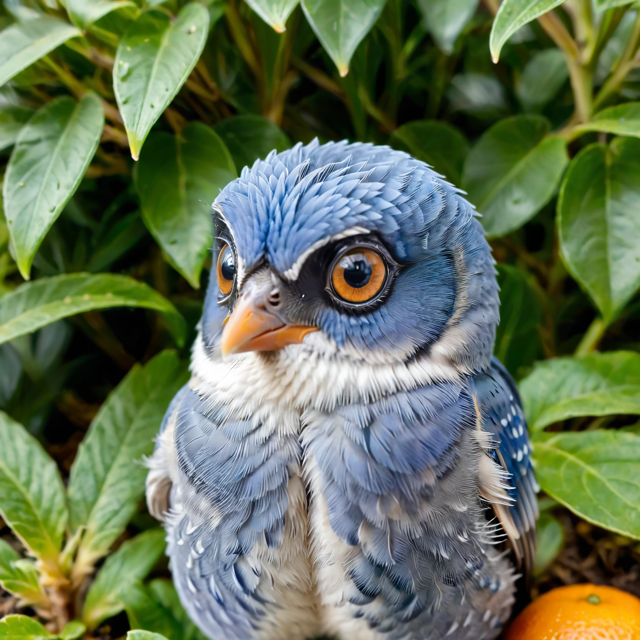 Create a close-up image of an adorable, fluffy blue bird with large, expressive black eyes. The bird has a small, orange beak and is covered in soft, detailed blue feathers, giving it a cute and cuddly appearance. The setting is a lush, natural environment with various green plants and leaves, blurred in the background to emphasize the bird as the focal point. The lighting is soft and natural, creating a warm and inviting atmosphere. The overall composition should evoke a sense of wonder and charm, capturing the essence of this tiny, endearing creature in its natural habitat.