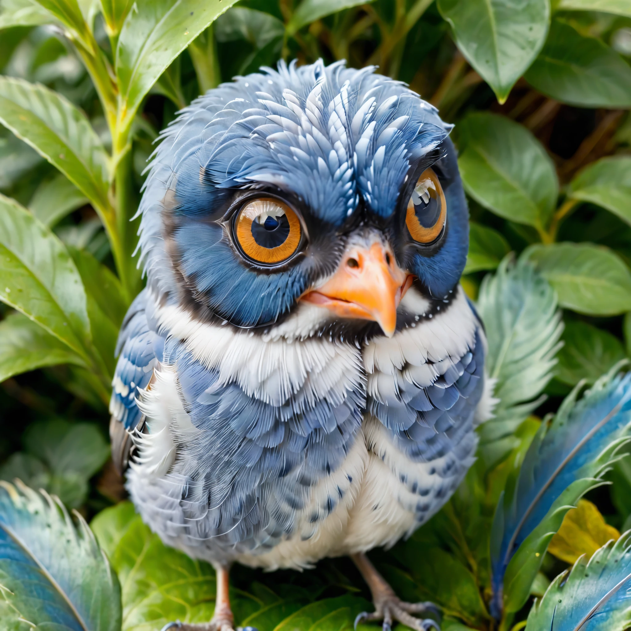 Create a close-up image of an adorable, fluffy blue bird with large, expressive black eyes. The bird has a small, orange beak and is covered in soft, detailed blue feathers, giving it a cute and cuddly appearance. The setting is a lush, natural environment with various green plants and leaves, blurred in the background to emphasize the bird as the focal point. The lighting is soft and natural, creating a warm and inviting atmosphere. The overall composition should evoke a sense of wonder and charm, capturing the essence of this tiny, endearing creature in its natural habitat.
