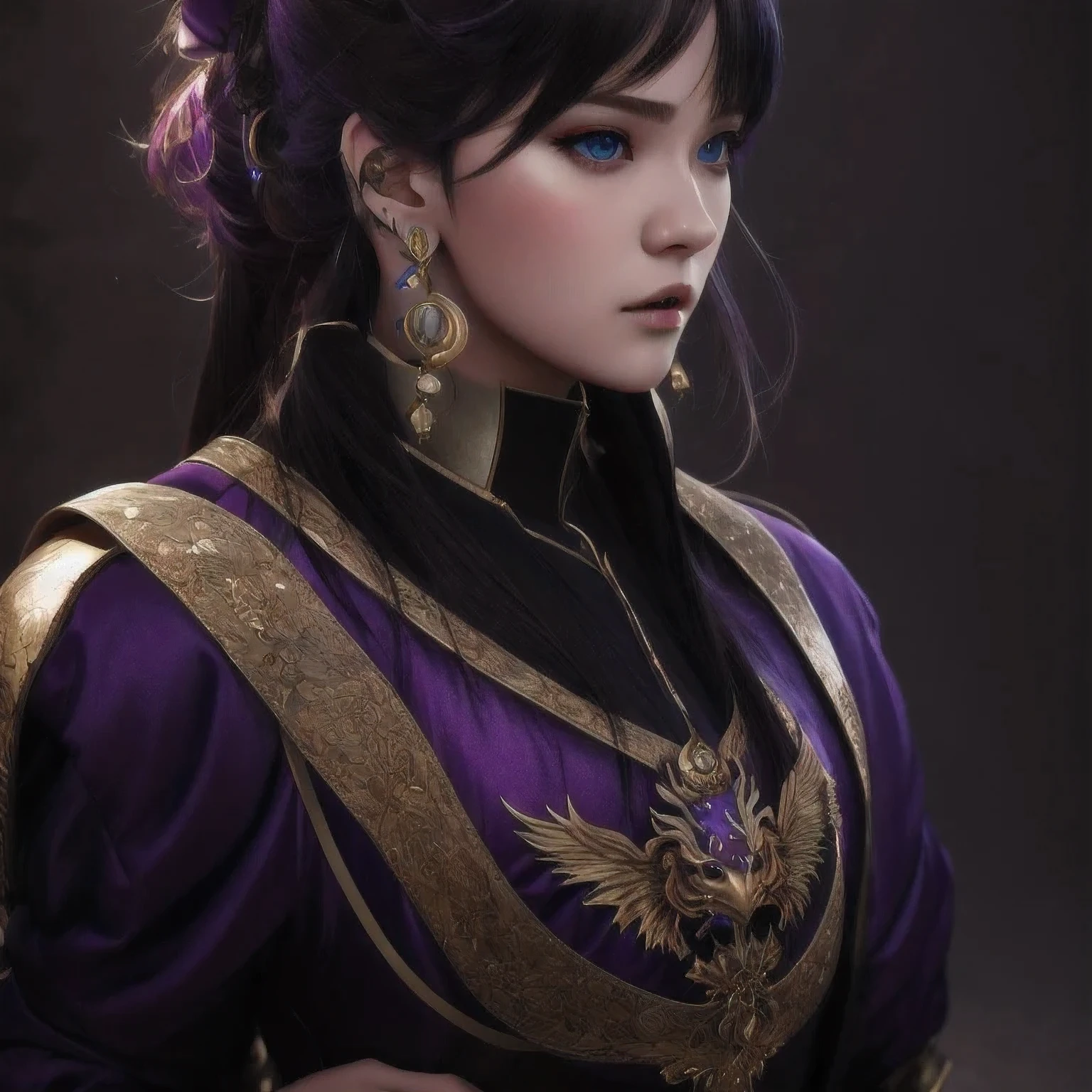 there is a 18 years old in a purple dress holding a dragon, wlop and ross tran, ross tran 8 k, fantasy art style, chengwei pan on artstation, a beautiful fantasy empress, ross tran and wlop, ruan jia and artgerm, the dragon girl portrait, ig model | artgerm, artgerm and ruan jia，beautiful
1girl
bangs
blue eyes
closed mouth
ear piercing
earrings
grey background
hair ornament
jewelry
lips
looking at viewer
military
military uniform
nose
piercing
portrait
realistic
short hair
simple background
solo
upper body