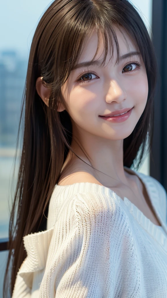 1 Japanese girl,(White sweater:1.4), (RAW Photos, highest quality), (Realistic, Realistic:1.4), Tabletop, Very delicate and beautiful, Very detailed, 8k wallpaper, wonderful, In detail, Very detailedなCG Unity, High resolution, Soft Light, Beautiful details 19 years old, Very detailedな目と顔, Beautiful and detailed nose, Beautiful details,Cinema Lighting,Perfect Anatomy,Slender body,smile (Asymmetrical bangs,),(Big Breasts)
