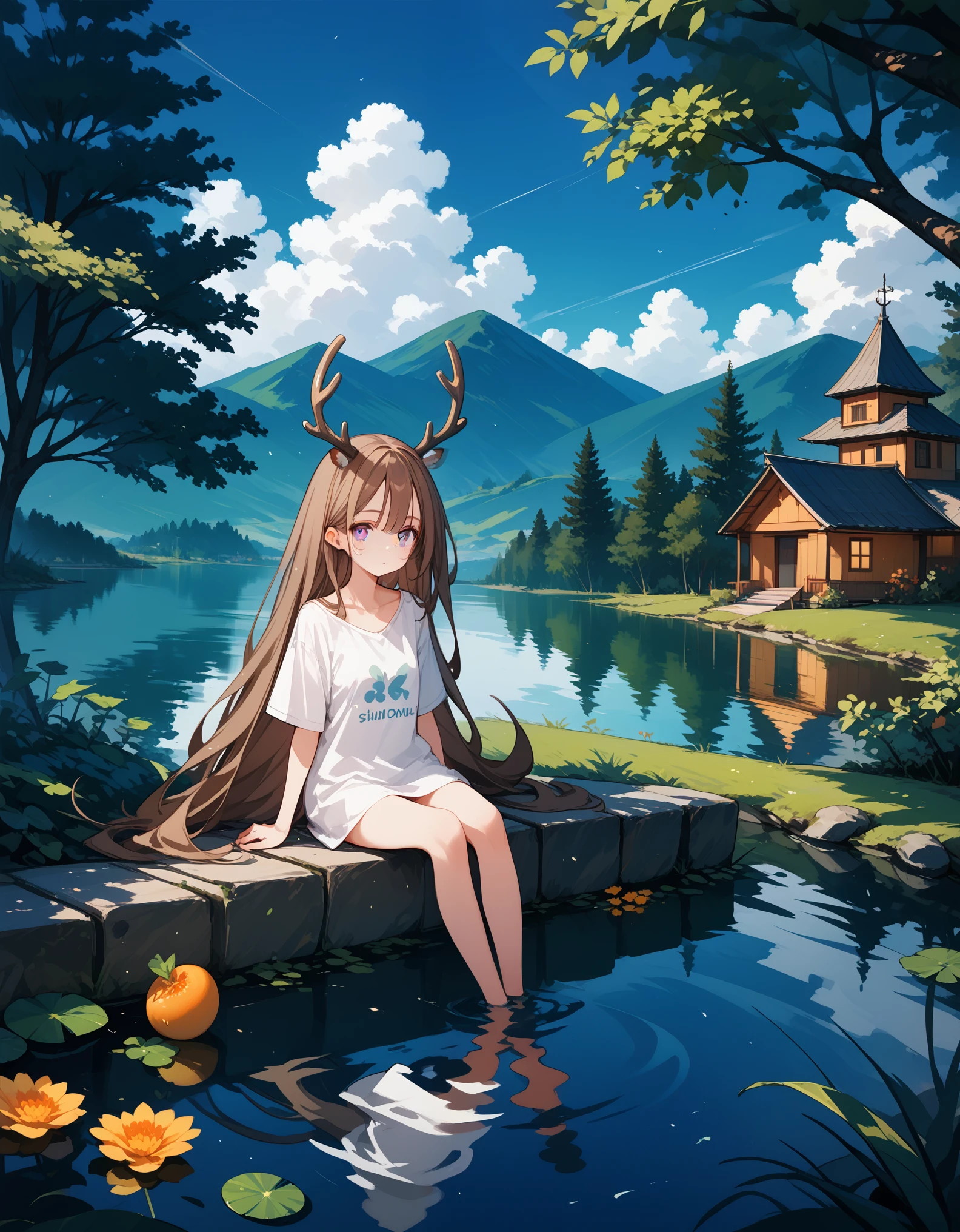 score_9,score_8_up,score_7_up,score_6_up,score_5_up,1girl,single bare shoulder brown t-shirt,brown hair,grey eyes,floating hair,very long hair,collarbone,tree,lake,fruit,house,reflection,dappled shadow,day,cloudy sky,antlers,sitting soaking feet,looking at viewer,