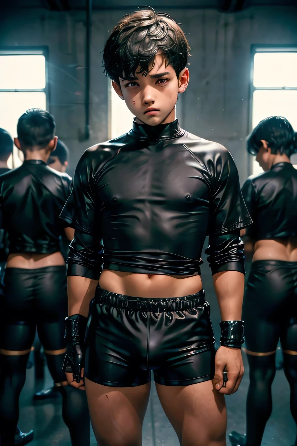 (masterpiece:1.2),Cute prison boys, (spandex shorts:1.2),black short hair, (close haircut:1.2), 5 boys talking, cute boy, standing straight, put his hands behind his back,(shouting something:1.2), ars old, (sorrowful:1.2), (detailed big hard bulge:1.2), gay, mele only, classroom, school, 11ye, (crying out loud:1.2), topless