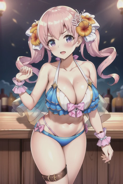 tsumugiswim, solo, 1girl,  bikini, pink hair, cleavage, long hair, purple eyes, large breasts, twintails, hair ornament, pink scrunchie, bangs, collarbone, hair flower, flower, frilled bikini, blue bikini, bare shoulders, scrunchie, thighs, frills, wrist scrunchie, jewelry, thigh strap, navel, halterneck, earrings, cloud, wrist cuffs, standing, inside a tavern, bar, looking at viewer,