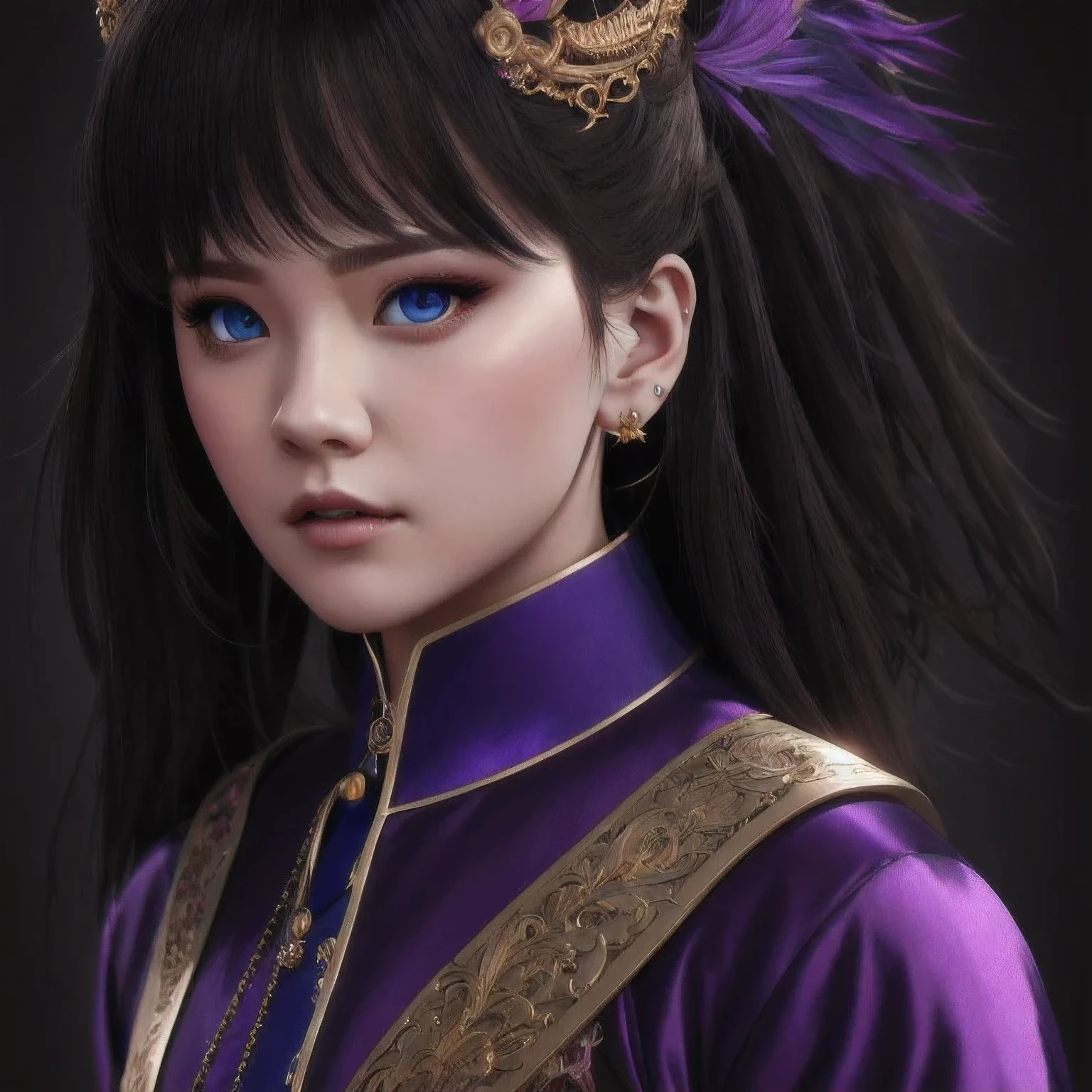 there is a 18 years old in a purple dress holding a dragon, wlop and ross tran, ross tran 8 k, fantasy art style, chengwei pan on artstation, a beautiful fantasy empress, ross tran and wlop, ruan jia and artgerm, the dragon girl portrait, ig model | artgerm, artgerm and ruan jia，beautiful
1girl
bangs
blue eyes
closed mouth
ear piercing
earrings
grey background
hair ornament
jewelry
lips
looking at viewer
military
military uniform
nose
piercing
portrait
realistic
short hair
simple background
solo
upper body