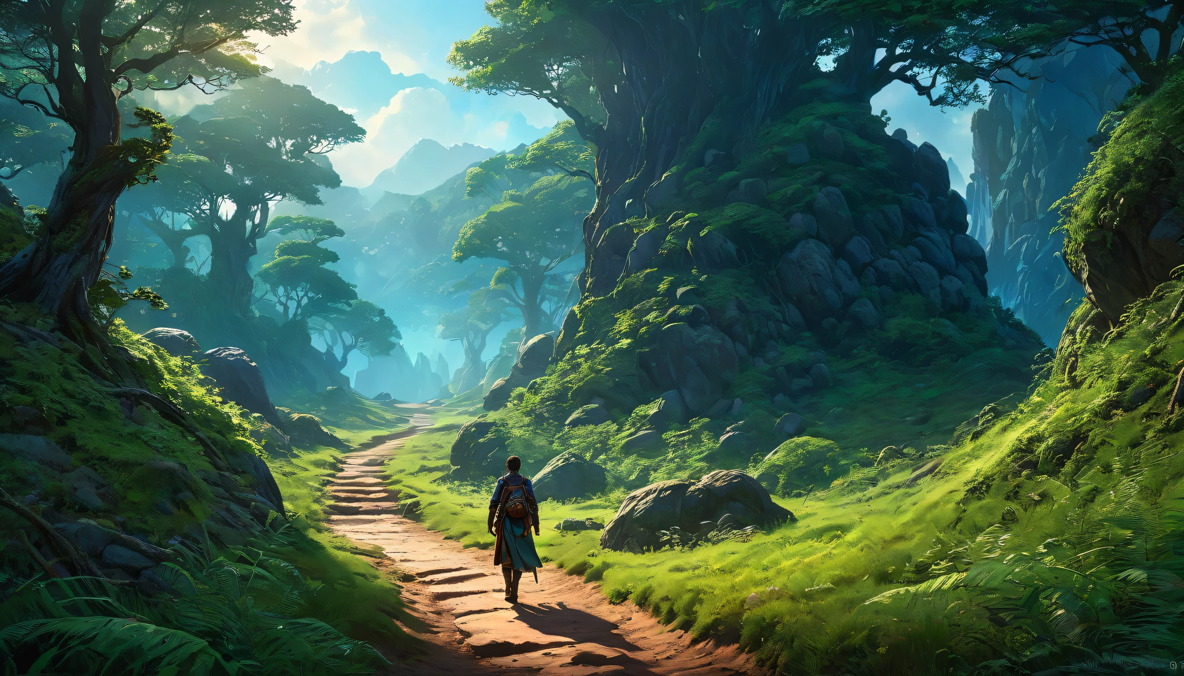 (anime, dark fantasy), (by Greg Rutkowski: 1.2), (masterpiece, best quality, high resolution, highly detailed, depth of filed, HDR:1.2), ((an adventurer walking the path on dirt main road lead to a forest)), (forest entrance, large bushes, small boulders scattered, mysterious, dark hue, wide filed of view), fantastical landscapes, vibrant colors, majestic, dark enchanted, dangerous atmosphere, beautiful, extremely detailed, intricate, delicate, serene fantasy, cinematic lighting, 8k, high quality
