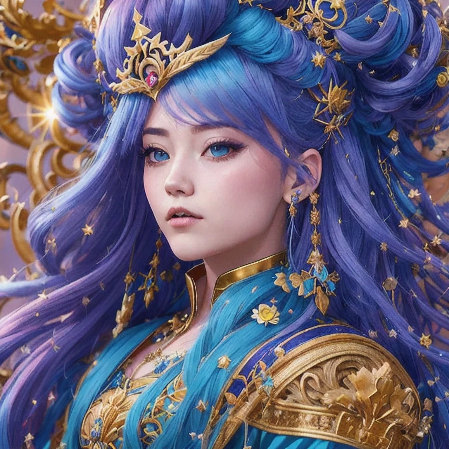 18 years old with blue hair wearing a gold crown and a blue wig, fantasy art style, ((a beautiful fantasy empress)), a beautiful fantasy empress, artwork in the style of Girl, azure. detailed hair, 18 years old, palace ， a girl in hanfu, beautiful celestial mage, anime girl with cosmic hair