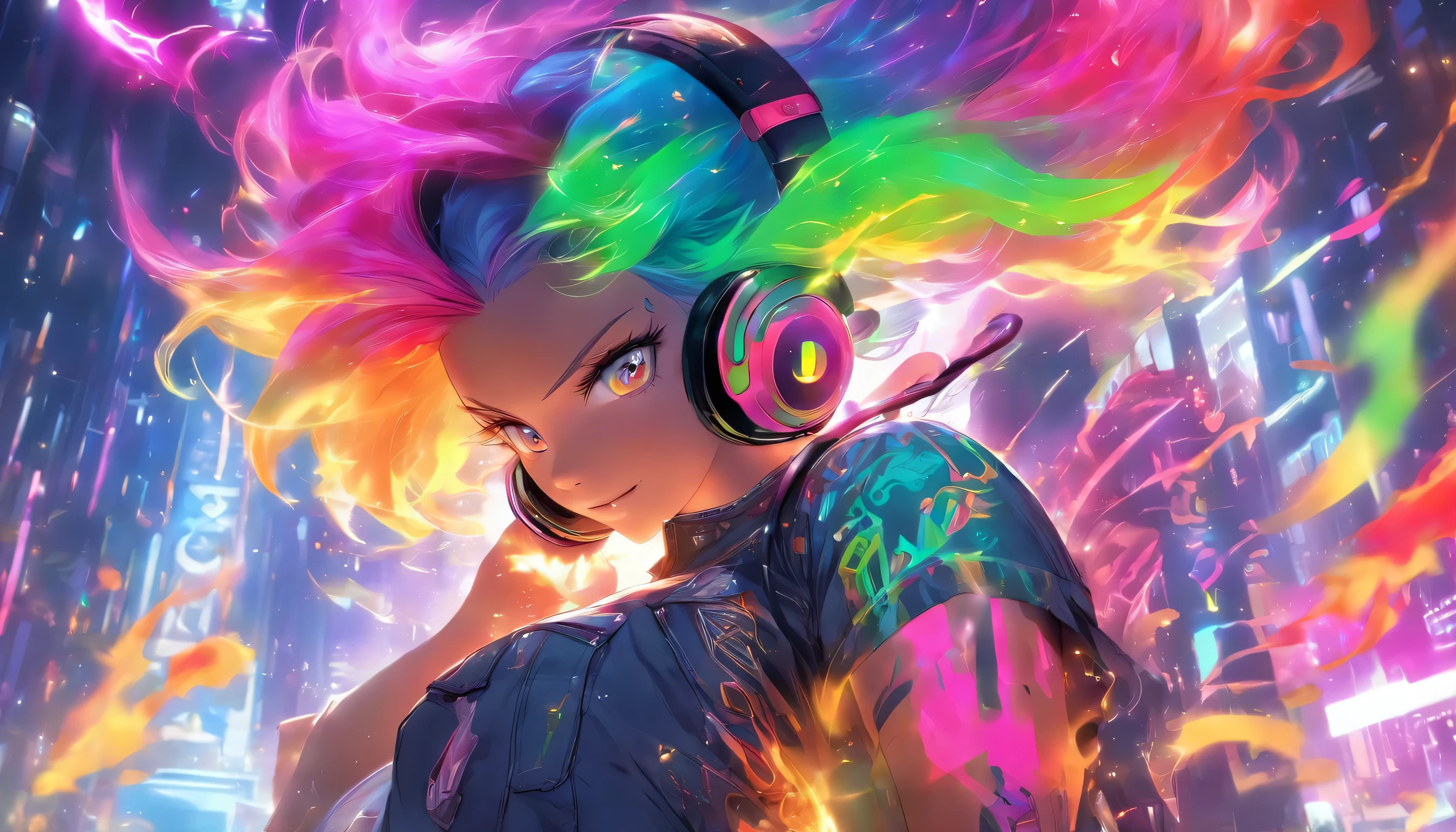 Transparent color PVC clothing, Transparent vinyl future clothing, Prismatic, Holographic, chromatic aberration, Fashion Illustration, masterpiece, DJ,, 8k, Super detailed, Pixiv、(((profile)))、((Colorful Hair))、(((Wearing futuristic headphones)))、、(((Rainbow Hair)))、((Too big boobs))、((Skinny Mechanic Denim))、(((In flames)))、((Colorful eyes))、(((Many glowing sparks))、(((Colorful and mysterious flames)))、engulfed in flames、(smile)、(((Full Body)))、((Extremely long hair))、((Strike a Pose))
