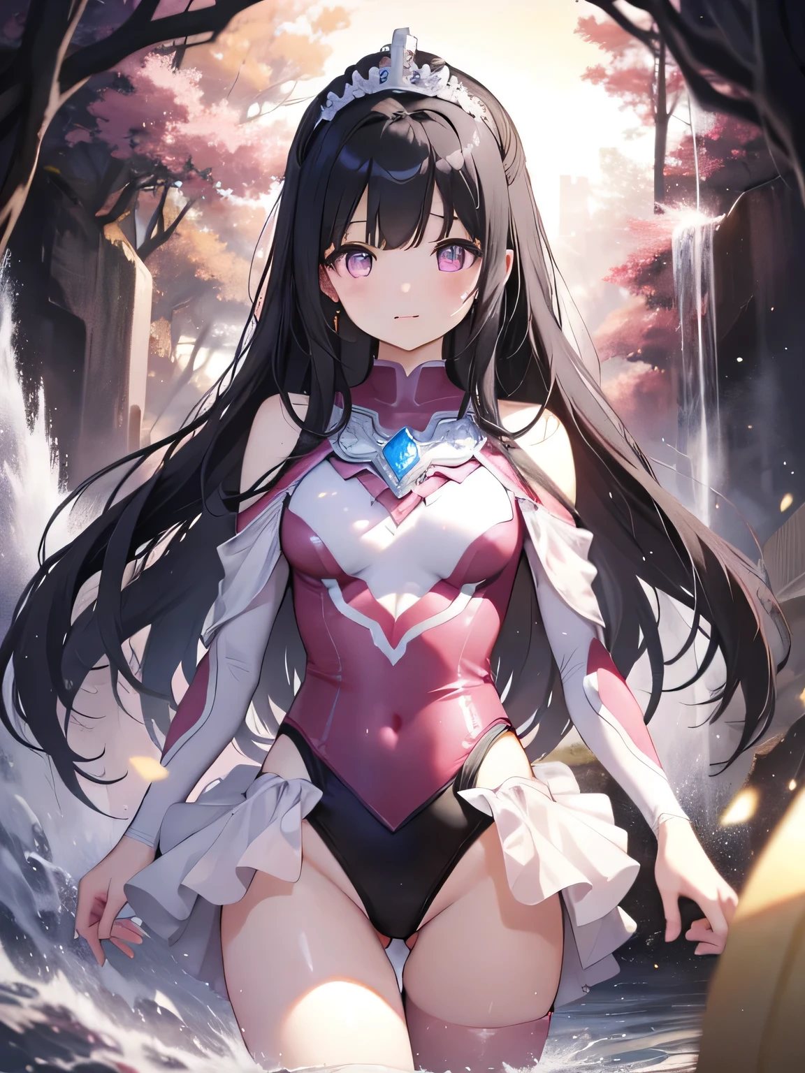 highest quality、Very delicate and beautiful、Very delicate and beautiful、(Beautiful eyes)、Pink Eyes、I、I、、 、Japanese、、Chiquita、(armor)、(Black Hair)、((Pink leotard))、(High leg)、Tiara on head、Laughter、standing、Look forward、inside creature