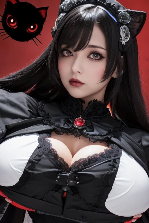 (masterpiece), (best quality), (super detailed), (girl), (full body), (front), (((very huge bust: 1.9))), (very long hair), (straight hair), (two-tone black and white hair), (red inner color), (two-tone hair), (red eyes), (fall into darkness), (dark world), (world of the dead), (red-black moon), (bats flying), (black cat at feet), (magic gate), (gothic ta), (black dress), (black lace gloves), (hollow eyes), (fully clothed)