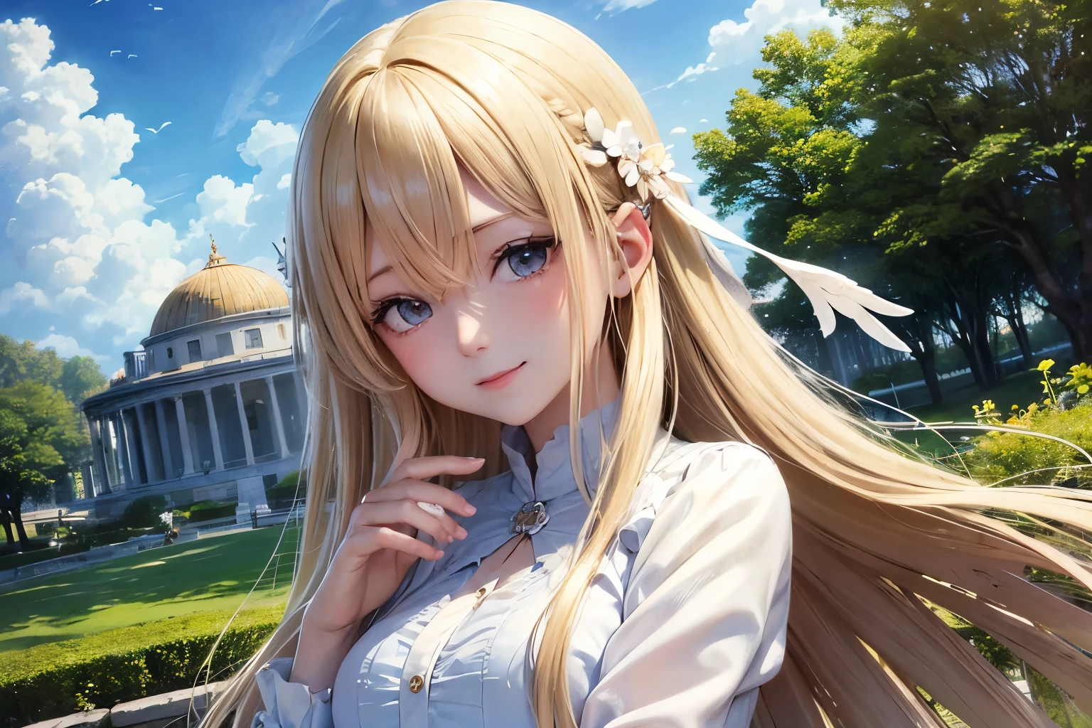 Angel,Angelの羽,Angelの翼,Fluffy Wings,Big white feather,Jeweled Hair Ornaments,Angel halo,aureola,Angelの輪,young,Clear skin,praying,pray,Close eyes,happiness,smile,smile,Happy,White skin,Lip gloss,Realistic, 35mm, Intricate details, High resolution, Intricate details, Super detailed, Natural skin texture, Hyperrealism, sharp, 1woman (Angel:0.7) ,woman,pastel colour,Portraiture,Top view,alone, Half Shot,White blouse,Lolita,Detailed Background, ,Magical atmosphere,Hair swaying in the wind,Silky Hair,Cream colored hair,Shiny Hair,Blonde Hair,Bright colored scenery,Magic Whirlwind,Shine,Bright landscape,Daytime,summer,sun,Pop Art, (Style - Swirl Magic:0.8),Thin eyebrows,Thin eyebrows,Wavy Hair,ボブヘアーShine瞳,Childish,A gentle gaze,like,慈like,mercy,Gentle light,シルクのようなShiny Hair,Long sleeve blouse,heaven,rainbow,pastel colourの風景,Wavy Hair,There is a white haze,Blue sky with clouds,Flower Field,garden,Blonde,Permed hair,temple,Greek Mythology
