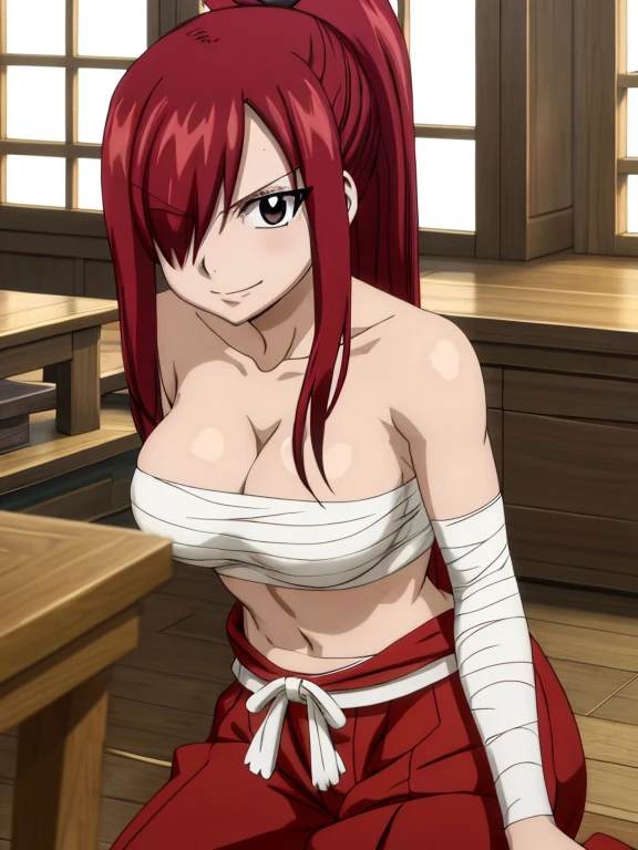 masterpiece, best quality, highres, anime style, anime official art,fairy tail, 1girl, long hair, red hair, ponytail, white ribbon, hair over one eye, brown eyes, seductive smile, large breasts, collarbone, chest sarashi, bandage, bare arms, midriff, red hakama, red pants, cowboy shot, indoors, standing, nipple hard