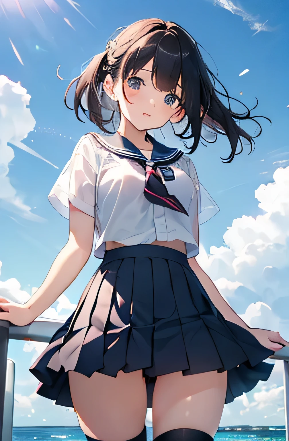 One Girl、blush、Embarrassed look、Perfect Anatomy、Short Bob、Small breasts、(((White student sailor uniform、Dark navy blue pleated student mini skirt、Black knee socks)))、(See through:1.5)、((Hair tousled by the wind、Messy Hair、Broken hairstyle))、(((The wind blows up my skirt:1.3、White panties、Big Ass)))、Focus on thighs and buttocks、Professional Lighting, Film Grain, chromatic aberration, (Eye and facial details:1.0), (Bokeh:1.1)、software:1.5)))、 highest quality, 8k, ２０talent