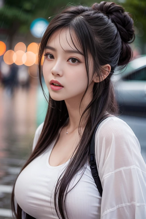 (22 year old Japanese beautiful girl,Thin eyebrows), (Small breasts,:1.5,),(solo,Textured skin, High detail, Highest quality, Super detailed, Surrealism, Realism,8k,RAW Photos,Professional Lighting,Aperture F1.2),(((Black Hair, Natural Makeup,Low ponytail))),((Neon Light,bustling street,Black poncho style sweater))
