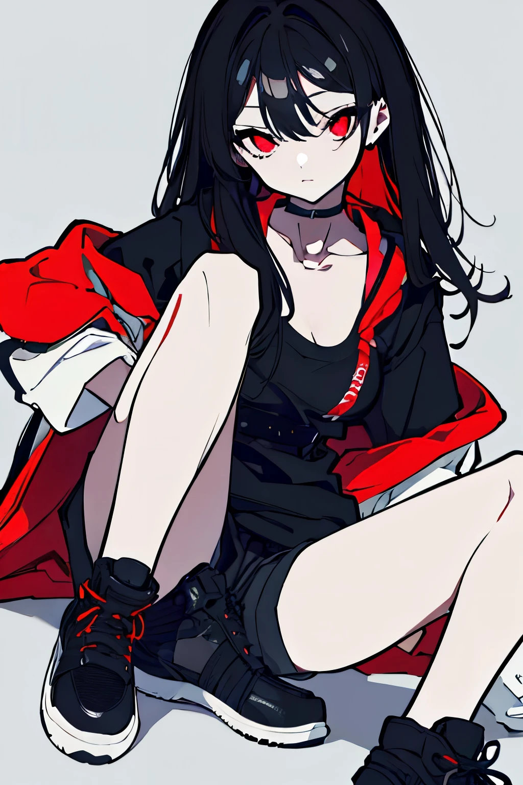 Girl, long curly black hair, red eyes, black choker around her neck, , small breasts, white face of despairTShirt, black shorts, sneakers, modern style