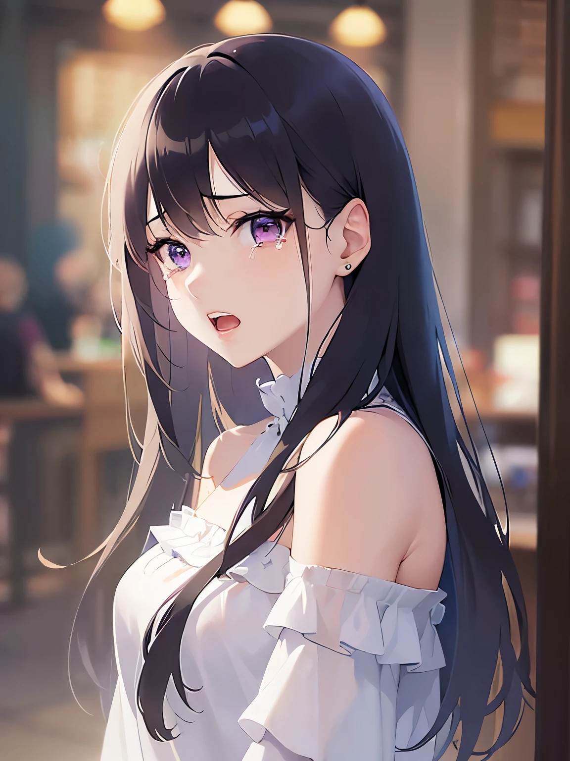 highest quality,masterpiece,Detailed CG, Ultra-fine illustrations,BREAK(white off shoulder long blouse:1.5)BREAK, Realistic,real person, (pale skin: 1.2), RAW photo, photorealistic, shiny skin, shiny hair,(A 26-year-old woman with straight hair and bangs) and (medium hair) and (black hair) and (purple eyes),(angry:1.1)and(tears:1.3),open mouth,open mouth,The background is inside a coffee shop,Alone,side angle