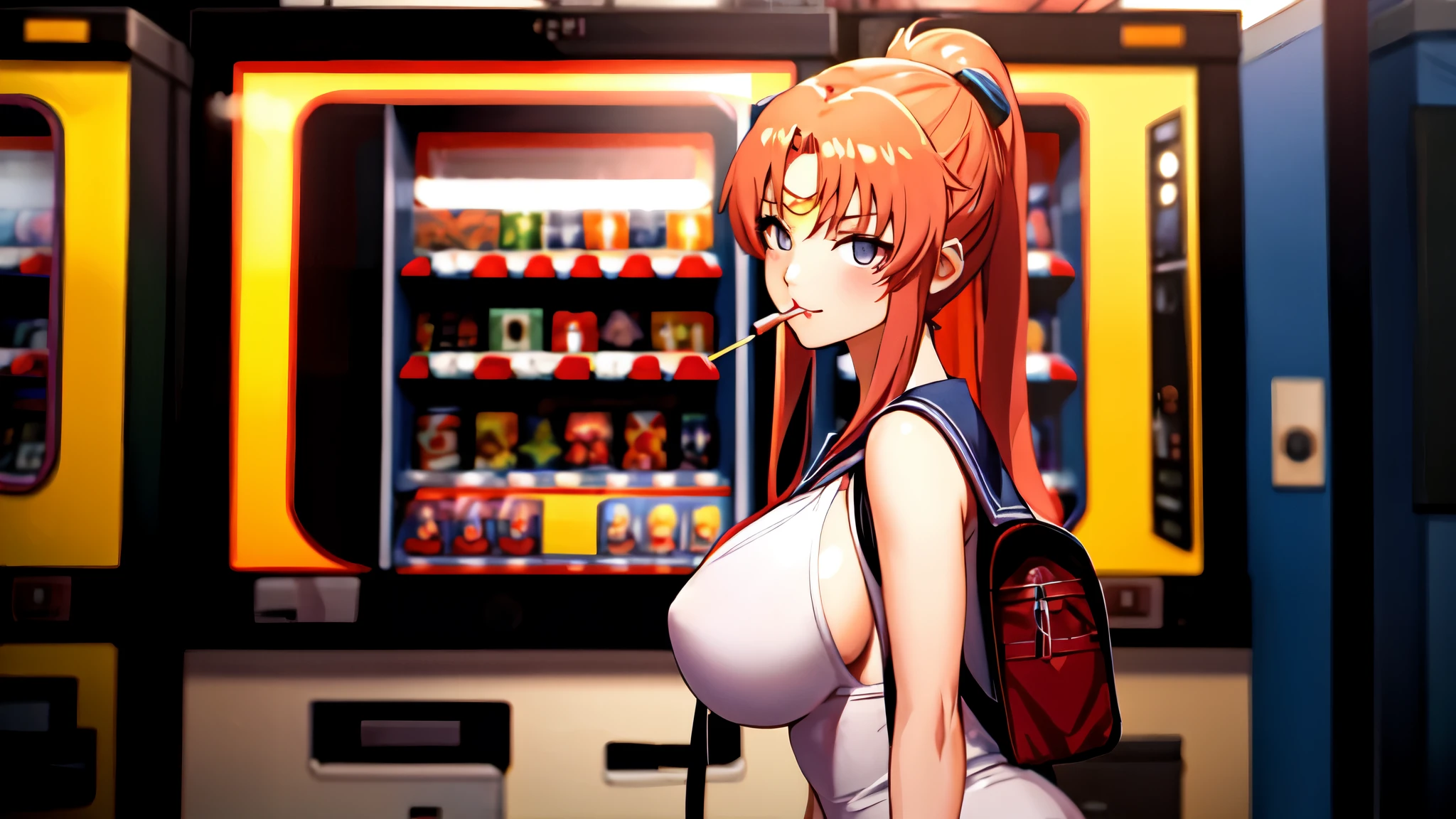 photo cute anime grirl, cute, close up, entire, drawing, manga, night, retrowave scene, anime, 16x9, city night, students, arcades, scantily clad girl, photogenic, exhibitionist, 2d, colorful, arcade, a girl in a city, anime characters, anime style, 2d, drawn, not 3d, not realistic, Japanese school girl, perfect anatomy, voluptuous, sexy, beautiful, beautiful proportions, strange clothes, huge breasts, from the waist up, close up, varied scenery , vending machine, ramen restaurant, close-up camera, different angles, anime style, leaning against the wall, cell phone grip, with backpack on the back, long hair, lollipop in the mouth, strong makeup, closed scenery, not very wide, detailed, high definition , detailed background, evangelion, naruto, taiho shichauzo, konosuba, sakura, sailor moon, nami, epic
