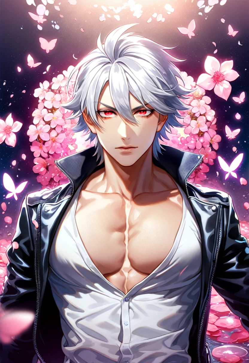 absurdres, highres, ultra detailed, HDR, master piece, best quality, Zero Kiryuu, white hair, short hair, expressive purple eyes, Vampire Knight, tatto on the neck, solo, sexy man, handsome, toned chest, black jacket, white shirt, vampire knight uniform, cross, purple butterflies, petals, magical