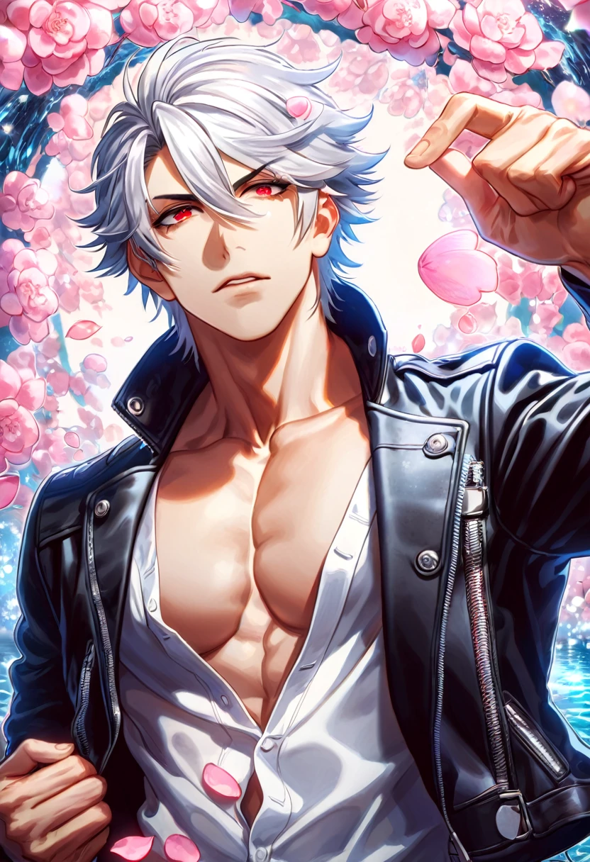 absurdres, highres, ultra detailed, HDR, master piece, best quality, Genos, ash-blonde hair, expressive yellow eyes, one punch man, solo, sexy man, handsome, toned chest, black leather jacket, white shirt, magical, fantasy, water, pink flowers, pink blossoms, pink butterflies, pink petals