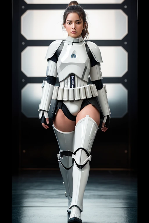 Photo of a female Stormtrooper from Star Wars, imposing figure, black thigh-high boots, medium breast plate, full body armor, dynamic portrait, hyperrealism, detailed RAW color art, bokeh background, Leading Lines Shot creating the illusion of depth, Tilt-Shift technique simulating a miniature scene, Butterfly lighting casting soft and sensual shadows on her armor. Captured in a Canon EOS R6, 24-70mm Lens, f/2.2, RAW file format, 12MP ultra-high definition, cinematic lighting, capturing every intricacy and detail of her iconic armor.