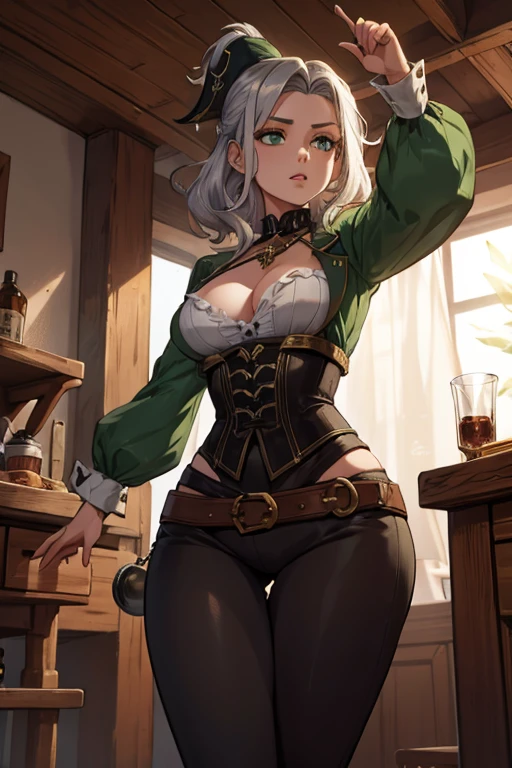 A young silver haired woman with green eyes with an hourglass figure in a pirate outfit is dancing in a tavern