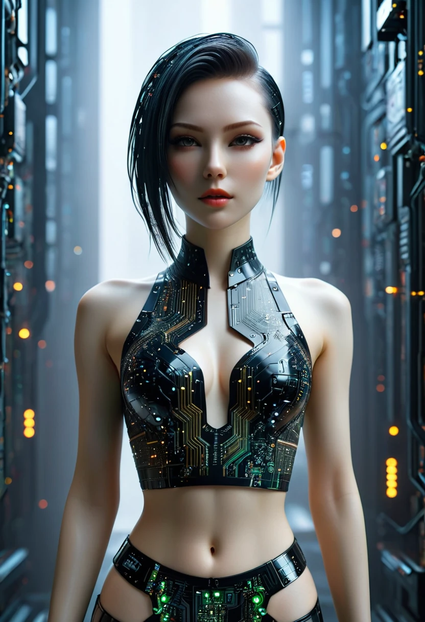 beautiful cyberpunk girl wearing a Futuristic hairpin, (Delicate skin), Pale skin, in a deep neckline, highly detailed sexy Futuristic cyberpunk underpants , black crop top made of circuit boards, Cybernetics, Japanese words with glitter effect, Beautiful epic work, Futuristic, masterpiece, Sensual, is attractive, group photo
