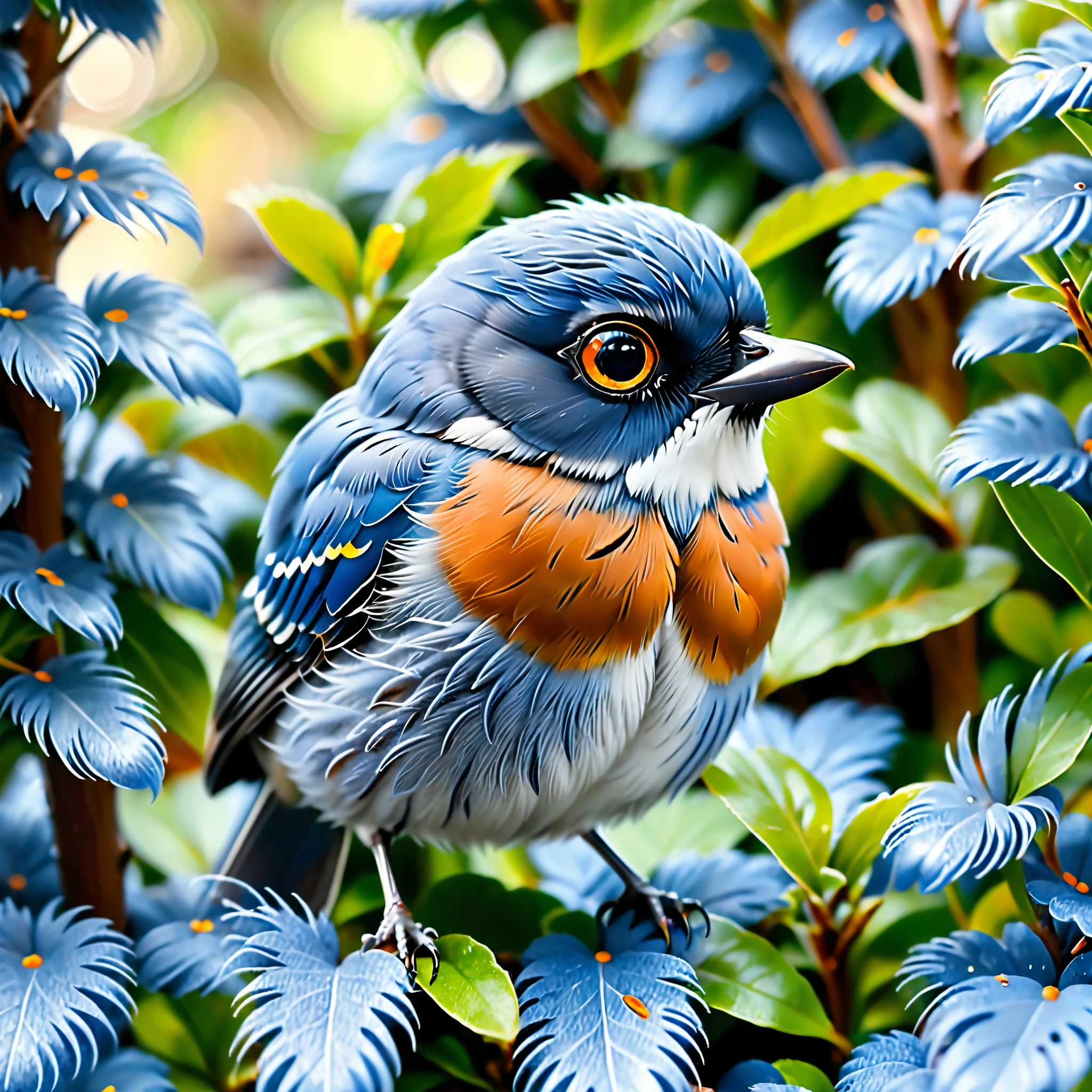 Create a close-up image of an adorable, fluffy blue bird with large, expressive black eyes. The bird has a small, orange beak and is covered in soft, detailed blue feathers, giving it a cute and cuddly appearance. The setting is a lush, natural environment with various green plants and leaves, blurred in the background to emphasize the bird as the focal point. The lighting is soft and natural, creating a warm and inviting atmosphere. The overall composition should evoke a sense of wonder and charm, capturing the essence of this tiny, endearing creature in its natural habitat.