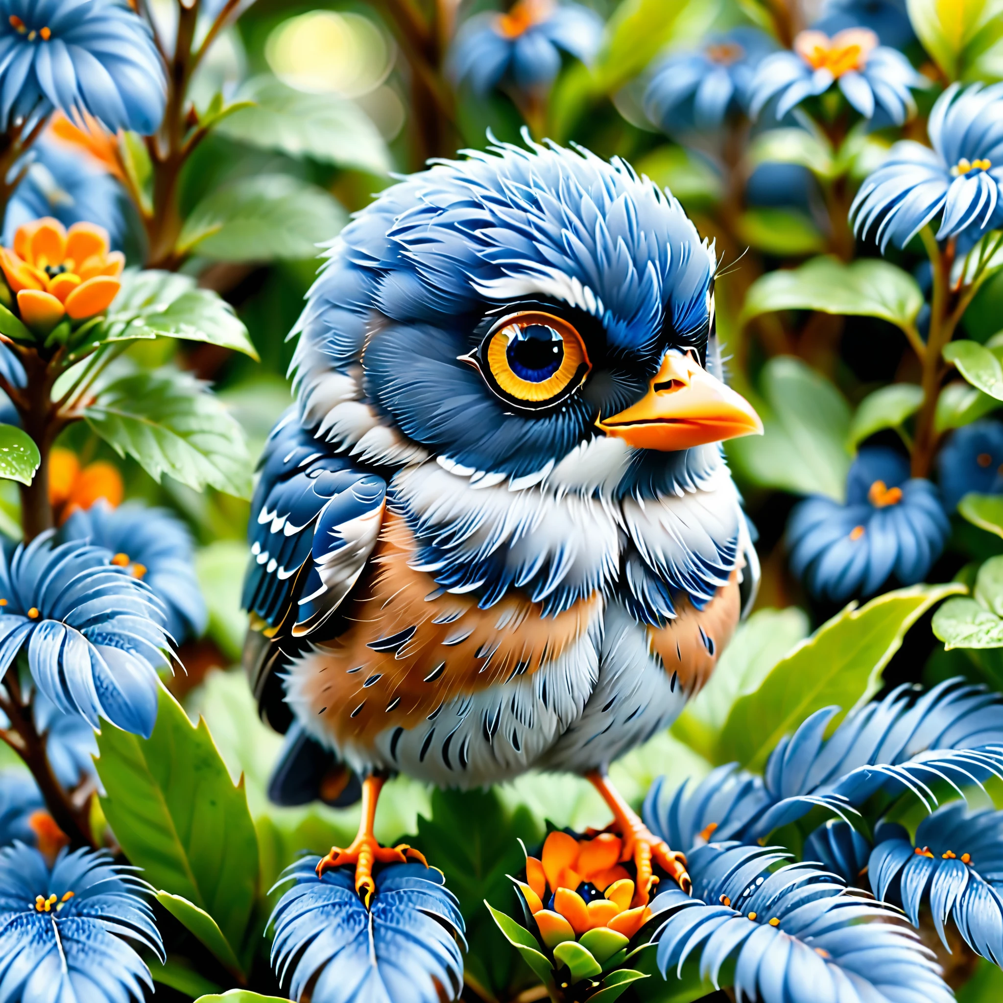 Create a close-up image of an adorable, fluffy blue bird with large, expressive black eyes. The bird has a small, orange beak and is covered in soft, detailed blue feathers, giving it a cute and cuddly appearance. The setting is a lush, natural environment with various green plants and leaves, blurred in the background to emphasize the bird as the focal point. The lighting is soft and natural, creating a warm and inviting atmosphere. The overall composition should evoke a sense of wonder and charm, capturing the essence of this tiny, endearing creature in its natural habitat.