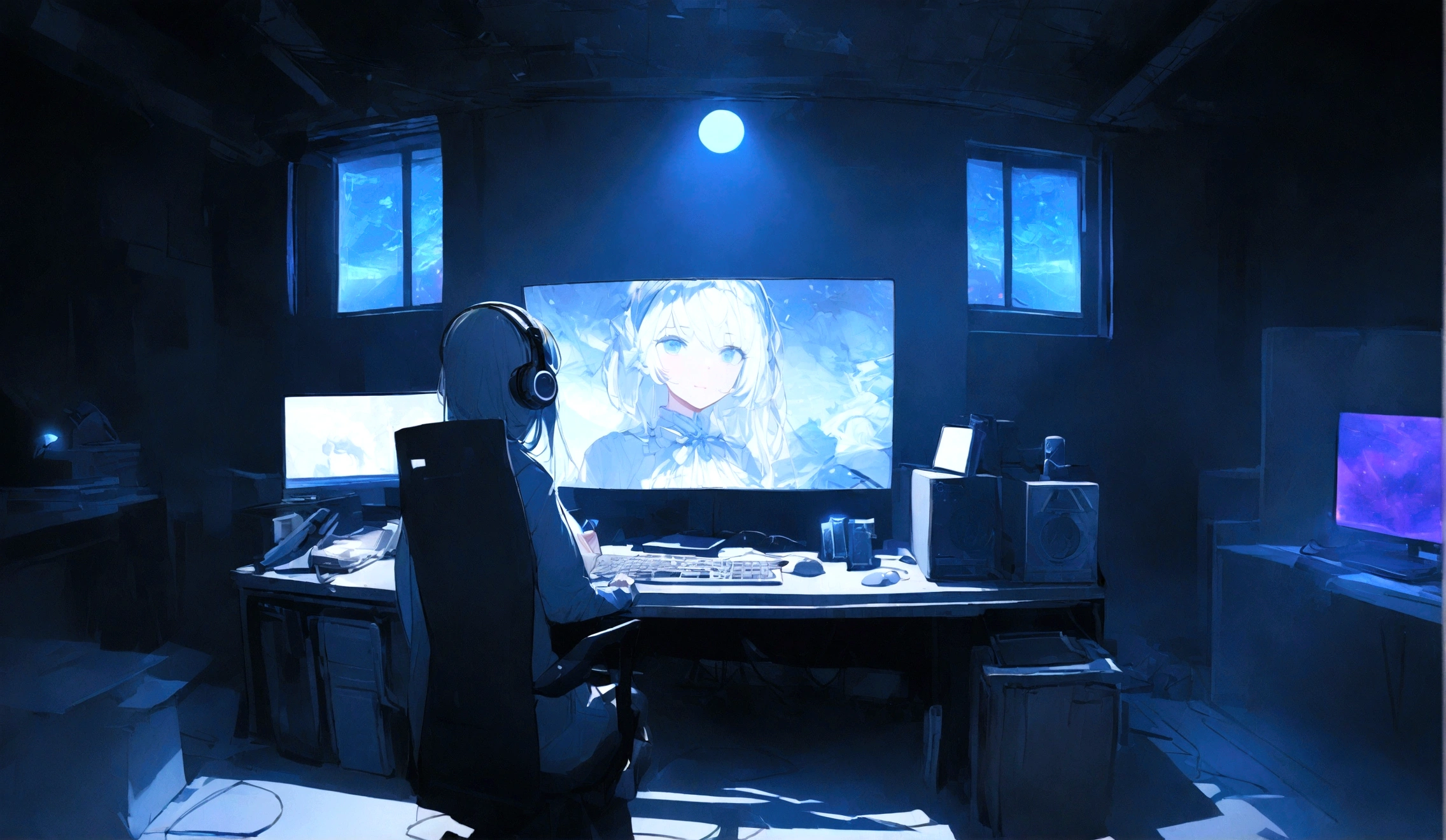 streamer rooms, single room, blue and white theme, room has white walls, blue LED lights, ,There is a woman from behind in the center of the screen, she is staring straight into the back of the screen, 8k, there is a woman seen from behind in the bottom center of the screen, super sharp focus, amazing 8K wide-angle photography style, (((for women Increase the screen ratio))), A woman is in the center, looking at a PC from behind, headphones, chair, scenery, microphone, desk, neon light, black light, no windows, computer, monitor, keyboard (computer), speakers, mouse (computer), masterpiec