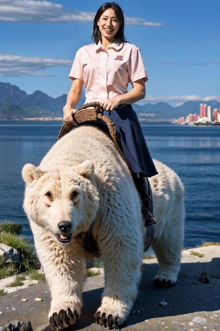 highest quality, Pieces fly, Realistic, High resolution, 8k　RAW Photos,alone, One girl, 30 years old、Standing in the harbor、smile、holding a fish in each hand、Riding a bear、Business Blouse、Business Skirt、High heels