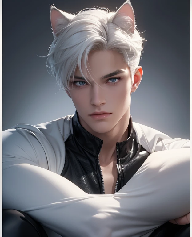 Full body photorealistic 4k, Catboy , cat ears, yellow cats eyes, very high resolution, best quality, masterpiece, perfect color, perfect shade, perfect lighting, Posted by e621, ((portrait)), ((handsome man)), perfect male figure, Short hair details，chest muscles，abdominal muscles, wearing a white tight fit latex spandex with boots and gloves,  Detailed face, perfect face, (stood up), Detailed background, ((Bonifasco Lighting)), (delicate eyes)),white haired. 