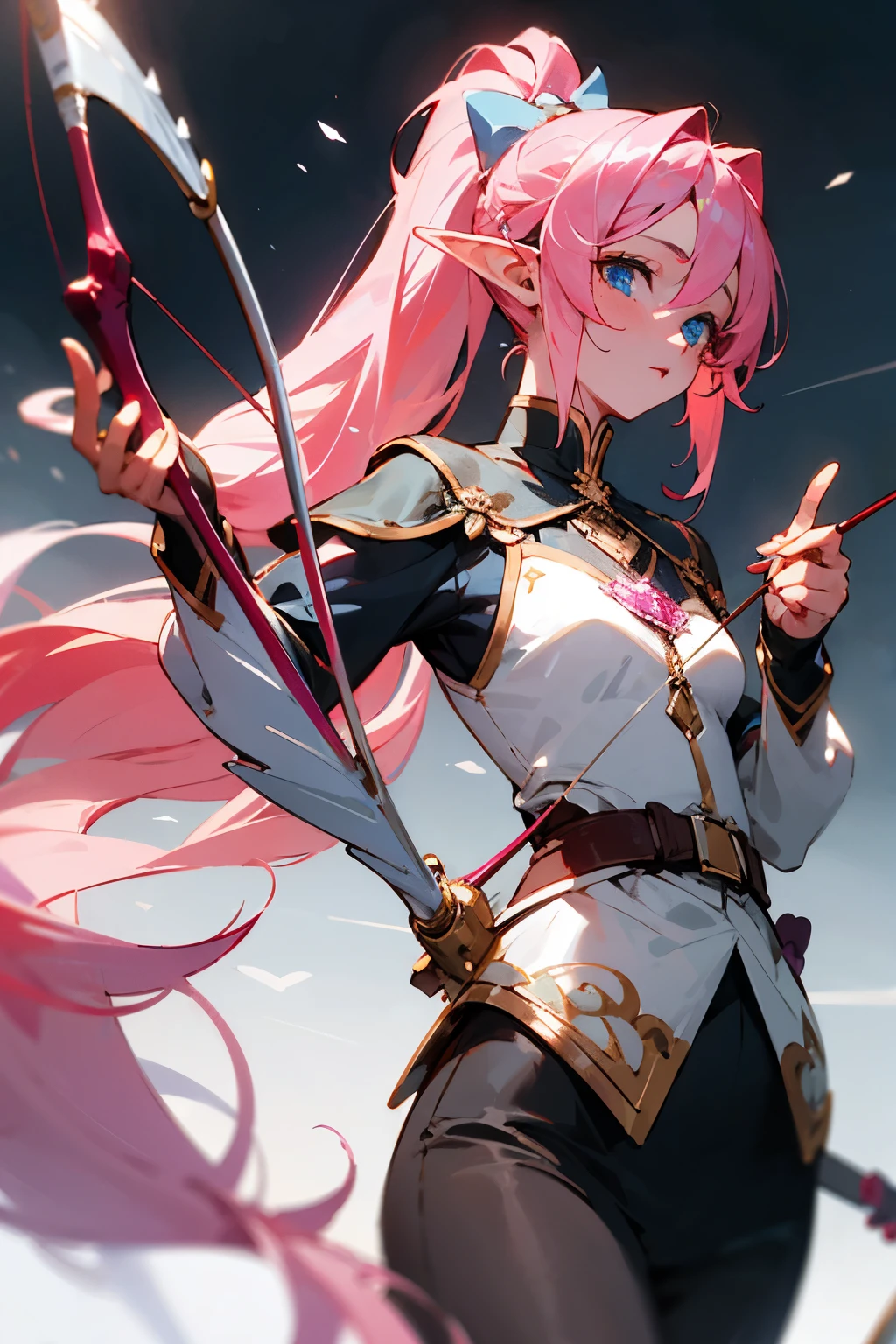 Young woman with Fair skin and long pink hair that is tied Into a ponytail through a hairpin. Has Elf ears and blue eyes with a mole below the Right eye. Holding a Bow and arrow adorned with pink Crystals