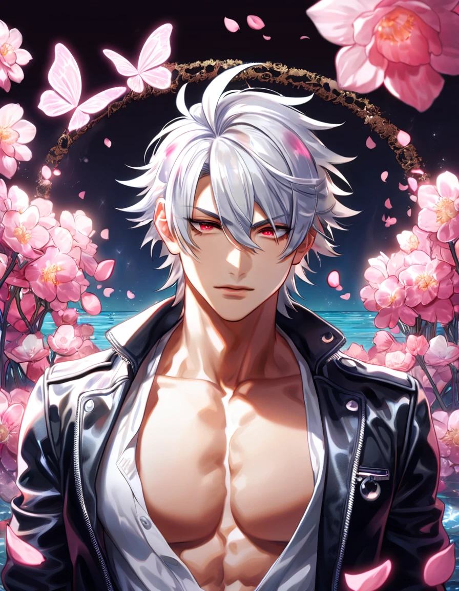 absurdres, highres, ultra detailed, HDR, master piece, best quality, Aohitsugi Samatoki, white hair, expressive red eyes, hypnosis mic, solo, sexy man, handsome, toned chest, black leather jacket, white shirt, magical, fantasy, shining, water, pink flowers, pink blossoms, pink butterflies, pink petals