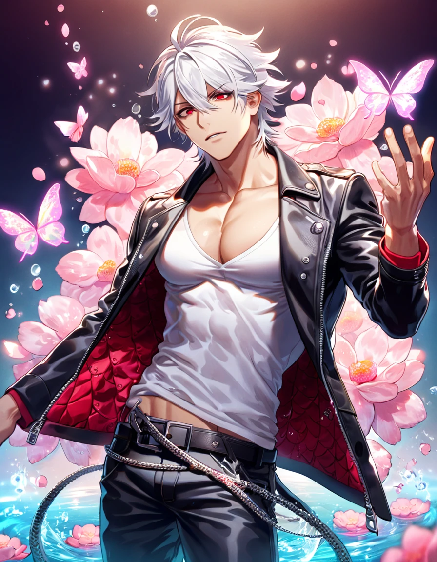 absurdres, highres, ultra detailed, HDR, master piece, best quality, Aohitsugi Samatoki, white hair, expressive red eyes, hypnosis mic, solo, sexy man, handsome, toned chest, black leather jacket, white shirt, magical, fantasy, shining, water, pink flowers, pink blossoms, pink butterflies, pink petals