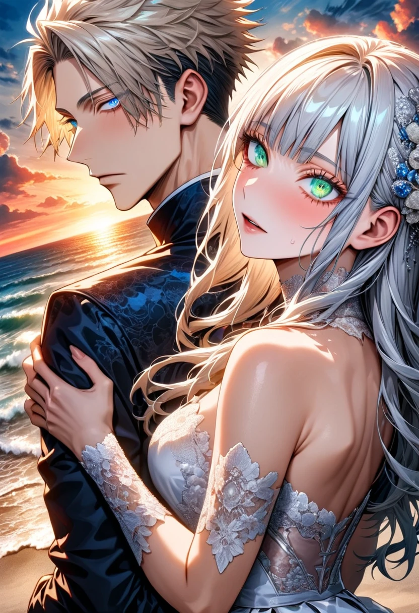 Ultra detailed, Highres, absurdres, HDR, master piece, Gojo Satoru, white hair with bangs, white eyelashes, expressive blue eyes, hair between the eyes, Aida, ash blond hair with bangs, expressive green eyes, extremely beautiful, Jujutsu Kaisen, black ribbon on the side of her hair, a handsome man together with a beautiful woman, couple, extremely detailed eyes and face, white wedding clothes, beach, water, sunset, love,