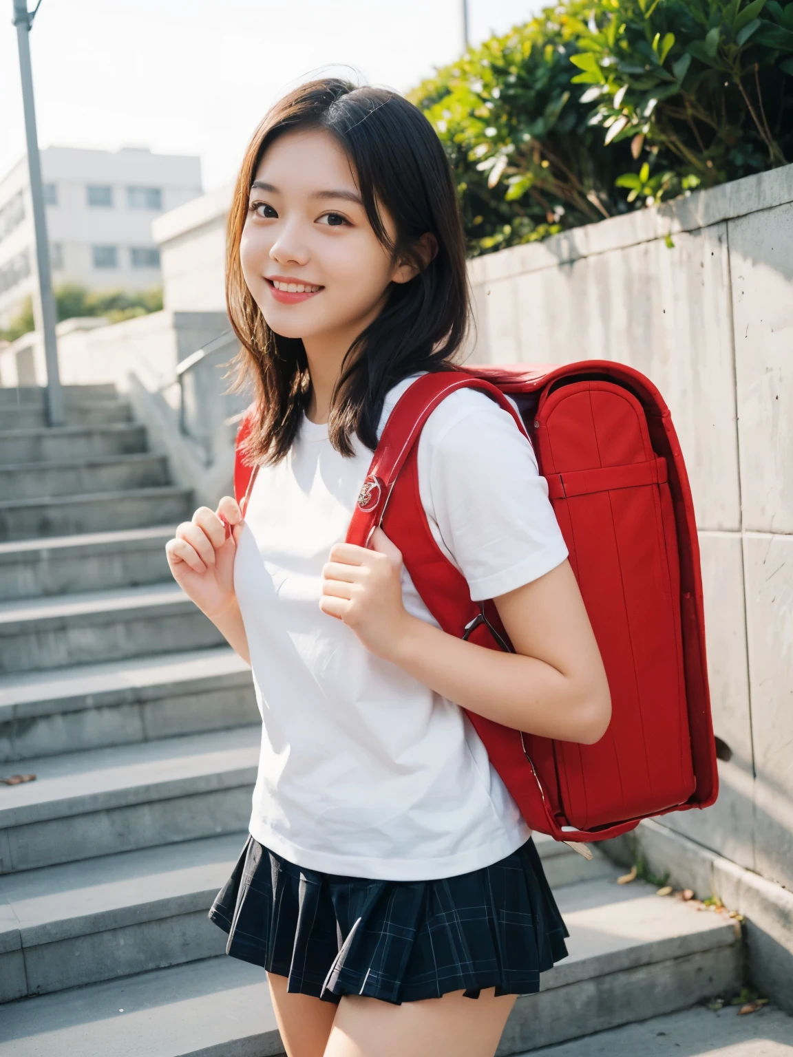 Masterpiece, realistic, hd, 18 year old female high school girl standing on the stairs of school,white shirt,blue and red plaid miniskirt:1.5,best smile,white panties:1.5，blonde with short cut:1.5，Side waves with a short cut，Carrying a backpack, (backpack:1.2)