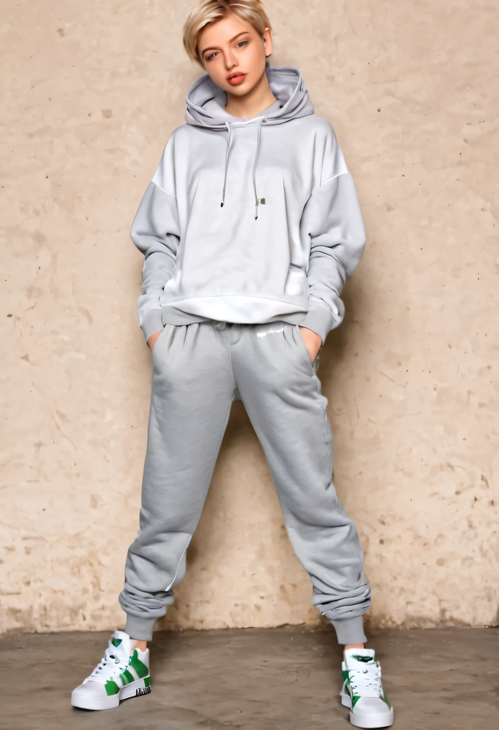 
1 FEMBOY, 24 years old, solo, short blonde hair, flat breasts, looking at viewer, green eyes, full body, realistic lips, realistic nose, flirting with camera, sexy, realistic, high detail, 4k photo, wearing trendy streetwear with an oversized hoodie, joggers, and high-top sneakers