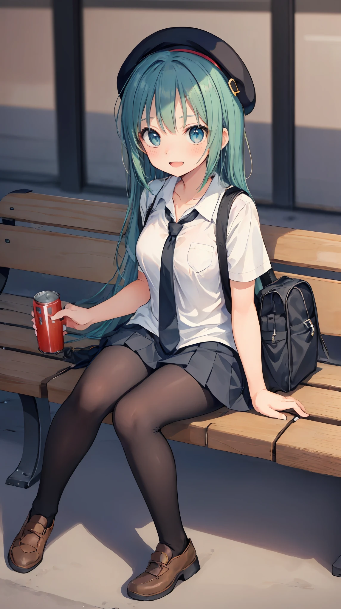 (masterpiece, highest quality), High resolution, Detailed face:1.2, (anime_style:1.2), Sharpness, 4K, A woman taking a photo, happy smile, Panic face, upset, Open your mouth, Long Hair, Green Hair, Straight hair, Fine skin, Beautiful Hands, Beautiful fingers, Wearing a beret, tie, Short sleeve blouse, Pleated skirt, school bag, Thighs, Absolute area, Knee socks, hand between legs, Hot summer day, School, Schoolyard, Sitting on a bench, holding Canned juice, Natural light, Sharp focus, Hasselblad Photography, Cinema Lighting, whole body, Canned juice,