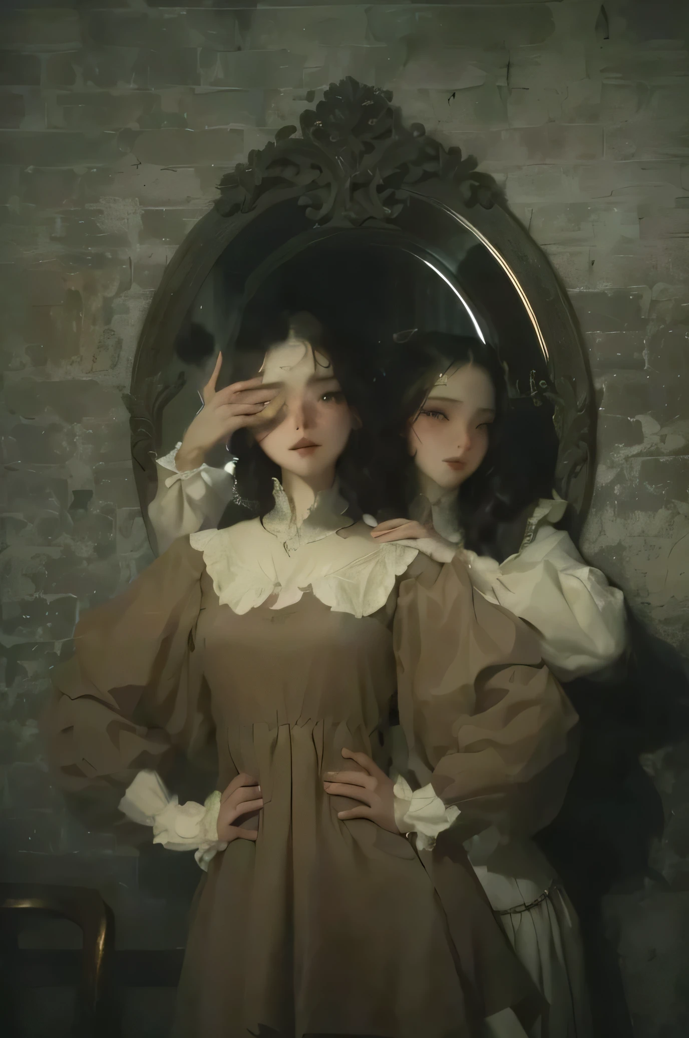 there are two women in front of a mirror with their hands on their waists, muitos Merlot, por Elizabeth Polunin, an ethereal image, ainda de um videoclipe, inspirado em Pietro Longhi, conjoined twins, mulher segurando outra mulher, 3 sisters look in the mirror, inspirado em Mathieu Le Nain, ainda do filme