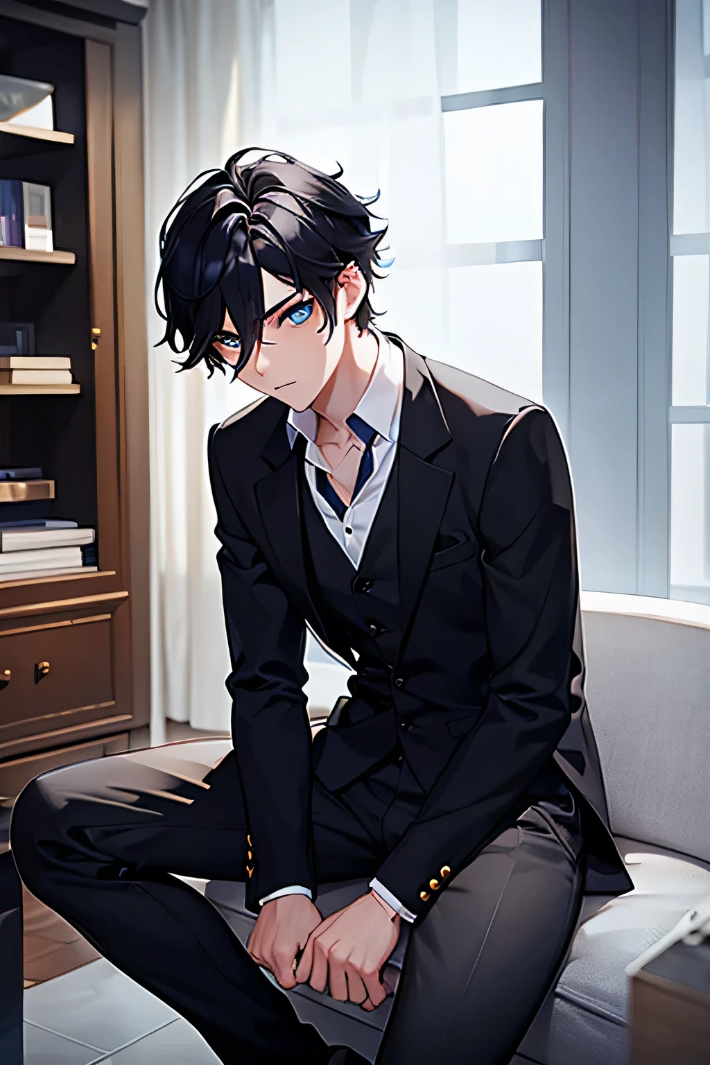18 year old young man , black hair and blue eyes . Gamer. gloomy and neglected. En traje de gala