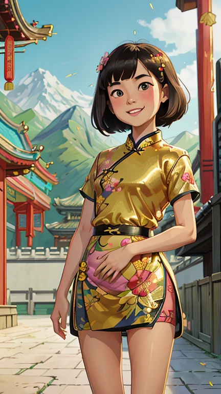 best quality,masterpiece,1girl,solo,(((9ars old))),japanese girl,an extremely cute and beautiful girl,highly detailed beautiful face and eyes,petit,cute face,lovely face,baby face,shy smile,show teeth,black hair,medium short hair,flat chest,skinny,slender,(((wearing a gold floral short mini qipao))),(((standing in a Chinese temple))),she is looking at the viewer,