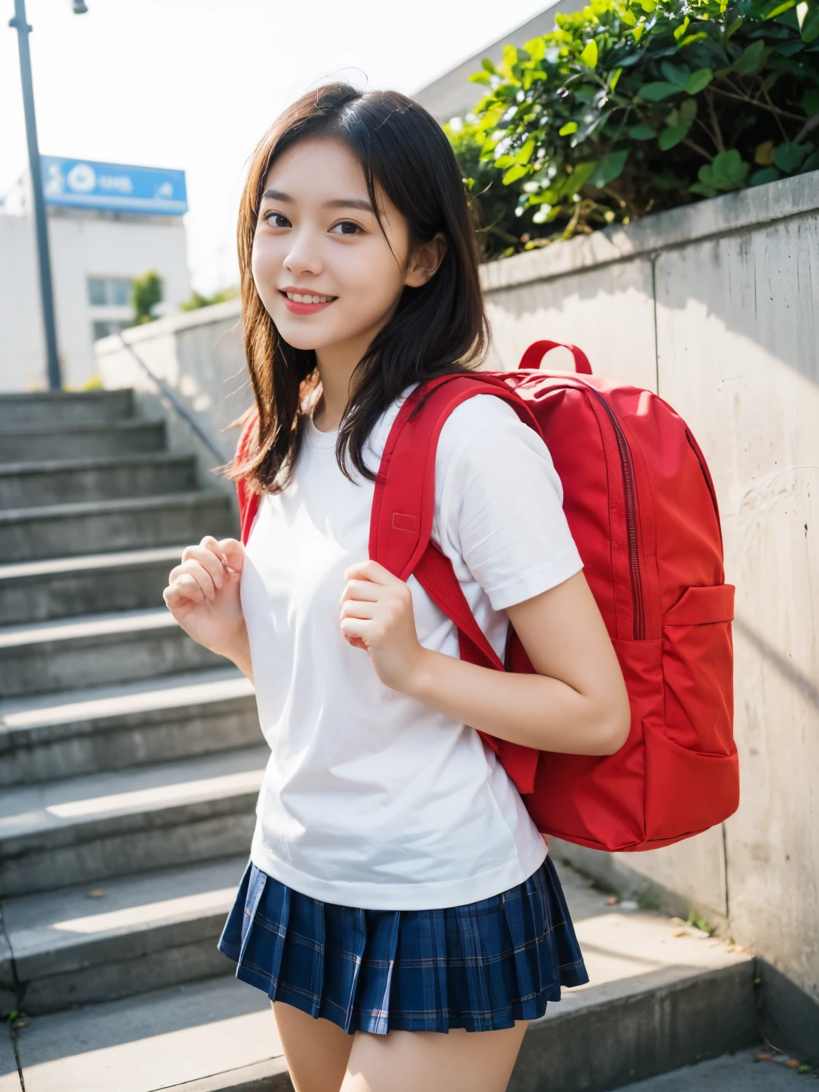 Masterpiece, realistic, hd, 18 year old female high school girl standing on the stairs of school,white shirt,blue and red plaid miniskirt:1.5,best smile,white panties:1.5，blonde with short cut:1.5，Side waves with a short cut，Carrying a backpack, (backpack:1.2)