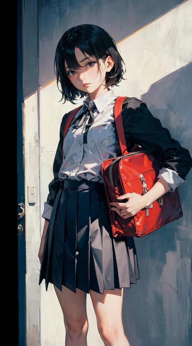 Super absurd quality by the god of art, super detailed, High resolution, ((artist:dark black,)) artist:Rinzo, artist:hakasesuitchi, anime moe art style, Best Anime 8K Kona-chan Wallpaper, pixiv contest winner, perfect anatomy, break,(Please draw a sleepy girl going to school alone.. )break,1 girl, (alone,little woman, :1.3),All limbs, full finger,, The charm of an immature body, (very_short hair), bangs, small ass, between legs, small eyes, small black eyes, detailed and beautiful eyes, Well-proportioned iris and pupils, expressive eyes, sleepy eyes, High resolution detailed hair, neck ribbon, skirt, collared shirt, pleated skirt, , school bag,(detailed lighting), (detailed background), On the way to school. break,super dense skin, Best cinematic lighting powered by famous artist, 8k,collaboration illustration,photoshop_(Moderate),Absurd Hi-Res,Hmm,rough skin