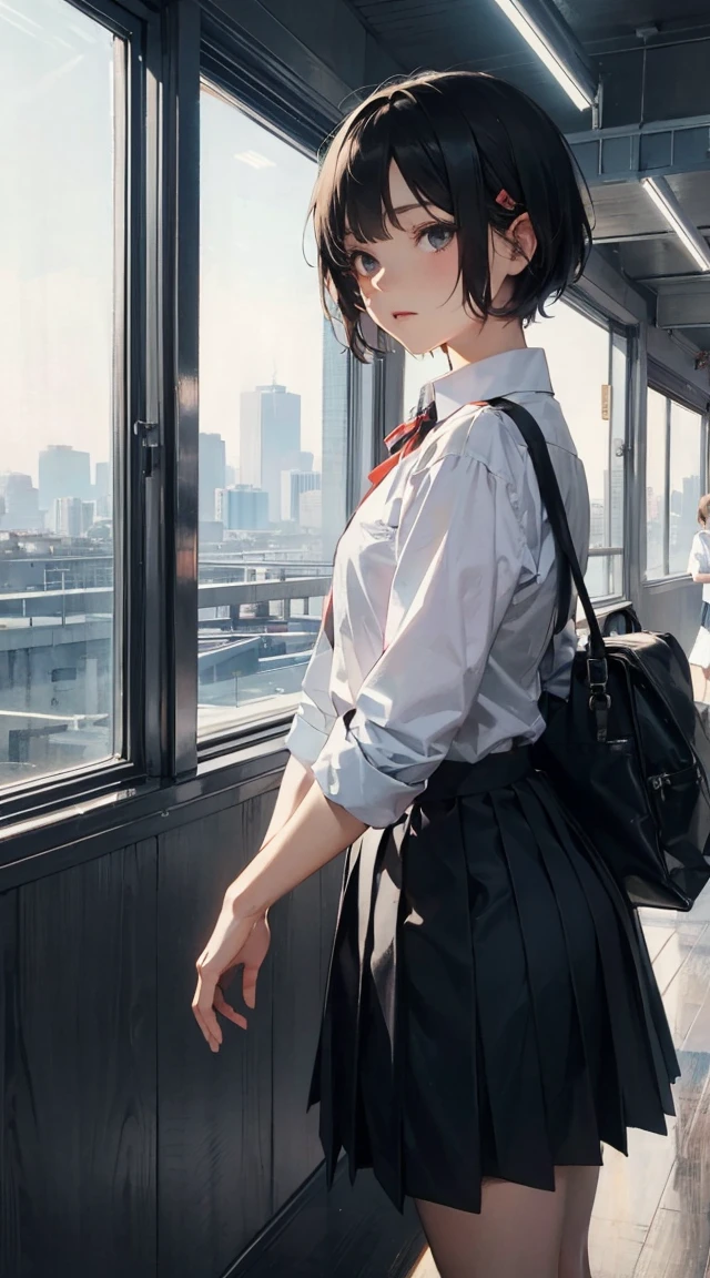 Super absurd quality by the god of art, super detailed, High resolution, ((artist:dark black,)) artist:Rinzo, artist:hakasesuitchi, anime moe art style, Best Anime 8K Kona-chan Wallpaper, pixiv contest winner, perfect anatomy, break,(Please draw a sleepy girl going to school alone.. )break,1 girl, (alone,little woman, 13 years old:1.3),All limbs, full finger,, The charm of an immature body, (very_short hair), bangs, small ass, between legs, small eyes, small black eyes, detailed and beautiful eyes, Well-proportioned iris and pupils, expressive eyes, sleepy eyes, High resolution detailed hair, neck ribbon, skirt, collared shirt, pleated skirt, , school bag,(detailed lighting), (detailed background), On the way to school. break,super dense skin, Best cinematic lighting powered by famous artist, 8k,collaboration illustration,photoshop_(Moderate),Absurd Hi-Res,Hmm,rough skin