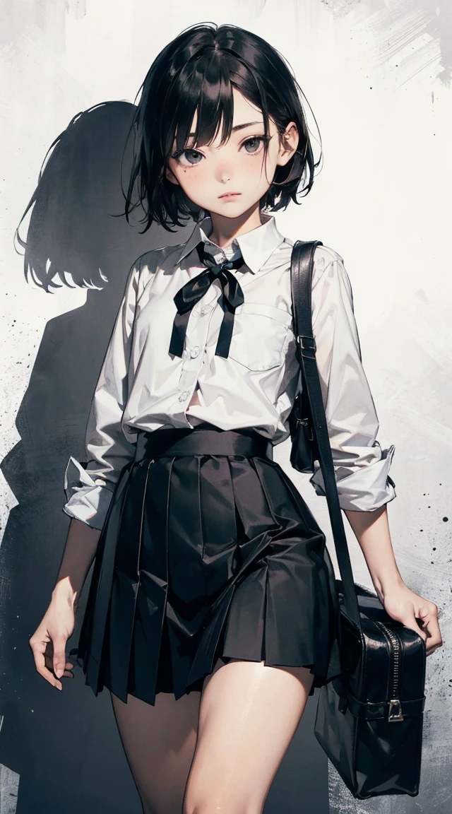 Super absurd quality by the god of art, super detailed, High resolution, ((artist:dark black,)) artist:Rinzo, artist:hakasesuitchi, anime moe art style, Best Anime 8K Kona-chan Wallpaper, pixiv contest winner, perfect ???????, break,(Please draw a sleepy girl going to school alone.. )break,1 girl, (alone,little woman, 13 years old:1.3),All limbs, full finger,, The charm of an immature body, (very_short hair), bangs, small ass, between legs, small eyes, small black eyes, detailed and beautiful eyes, Well-proportioned iris and pupils, expressive eyes, sleepy eyes, High resolution detailed hair, neck ribbon, skirt, collared shirt, pleated skirt, , school bag,(detailed lighting), (detailed background), On the way to school. break,super dense skin, Best cinematic lighting powered by famous artist, 8k,collaboration illustration,photoshop_(Moderate),Absurd Hi-Res,Hmm,rough skin