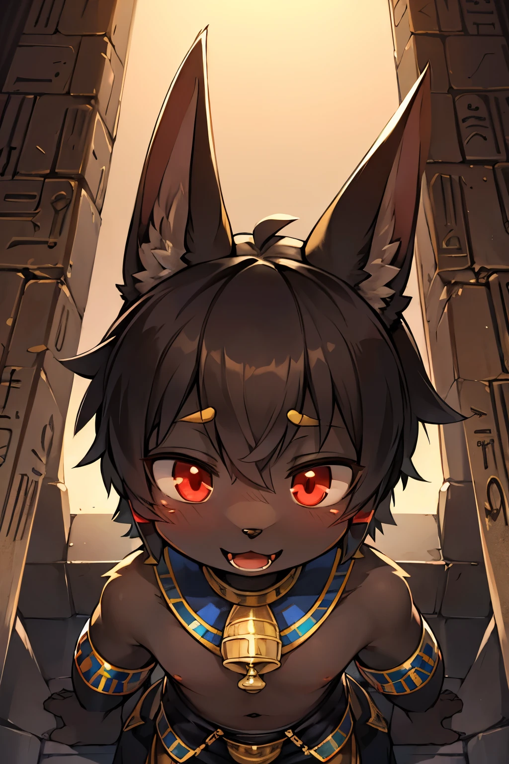 kemoshota, anubis boy, dog boy, in dungeon, black fur, short statue, red eyes, innocent, naivety, looking at viewer, Egypt adorns, dynamic angle, from birds point of view, short height, young boy, open mouth, 8 years old, friendly monster anubis boy, affected, relaxed, lovely short height boy, honest doggy boy, he came here to be pet, kawaii, tamed , tamed tattoo, smiling, :3, close-up