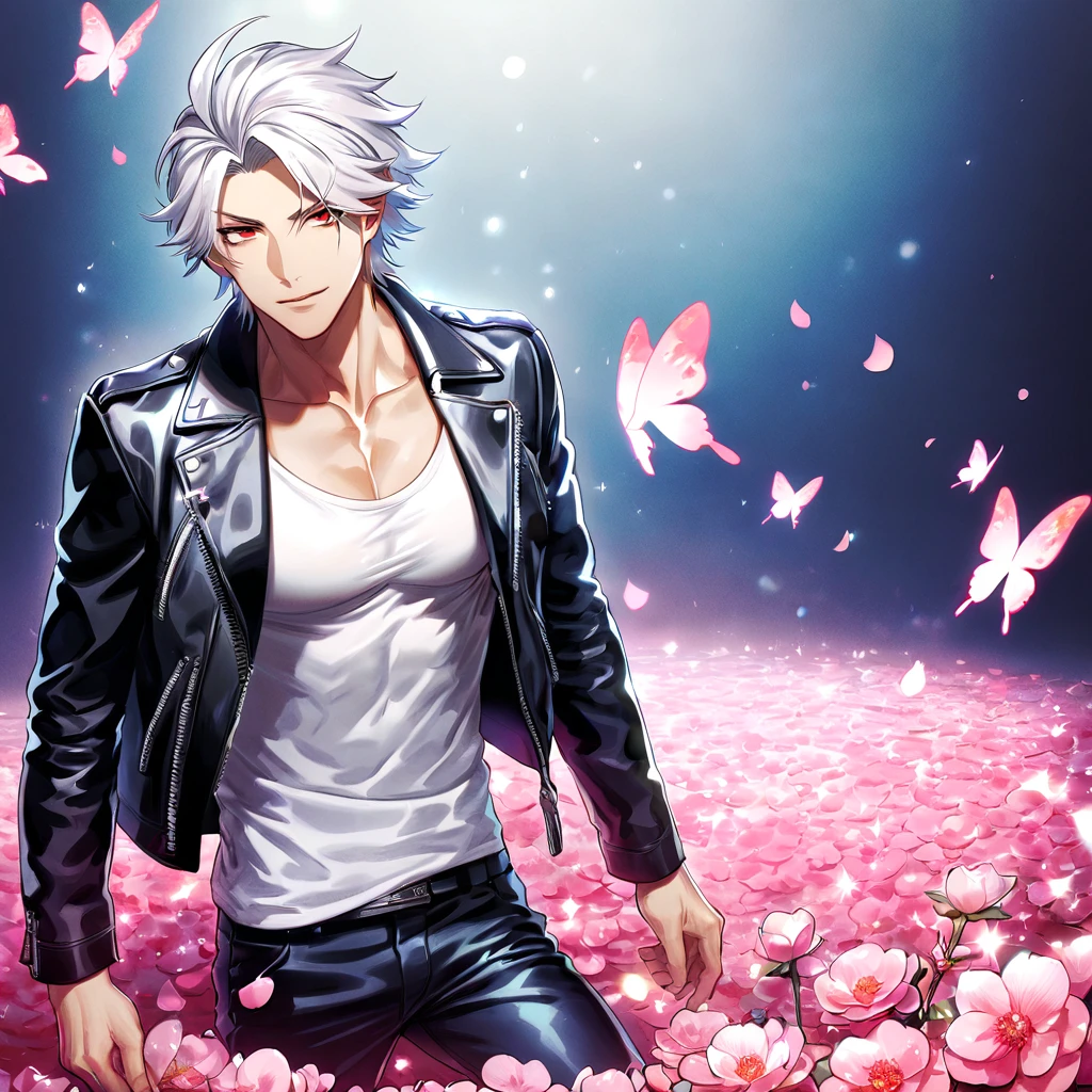 absurdres, highres, ultra detailed, HDR, master piece, best quality, Aohitsugi Samatoki, white hair, expressive red eyes, hypnosis mic, solo, sexy man, handsome, toned chest, black leather jacket, white shirt, magical, fantasy, shining, water, pink flowers, pink blossoms, pink butterflies, pink petals